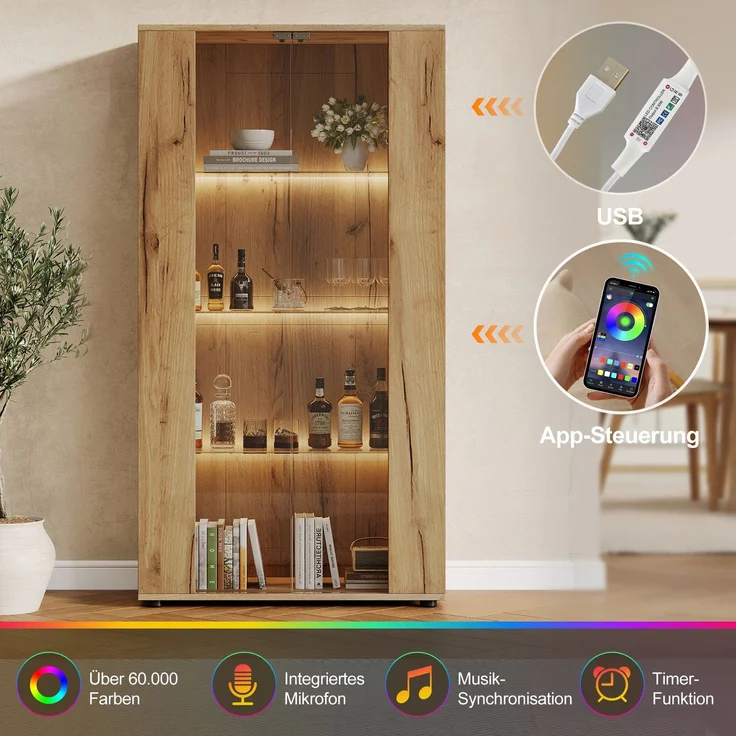 Merax Vitrinenschrank mit 2 Glastüren, 4 Ablageflächen und verstellbarer LED-Beleuchtung – modernes Design für Wohnzimmer, natur, 80×36×150.5cm – Bild 5
