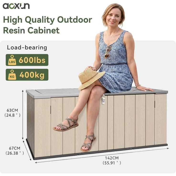 Aoxun Gartenbox aus Harz 600L,Auflagenbox Wasserdicht Außenmaße:142 x 67 x 63 cm,Wetterfest,Abschließbar,Braun – Bild 2