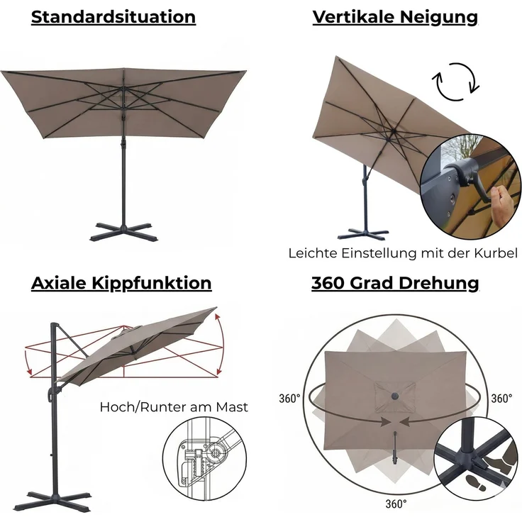 osoltus KOS Ampelschirm Alu Taupe 350x260cm axial schwenkbar – Bild 4