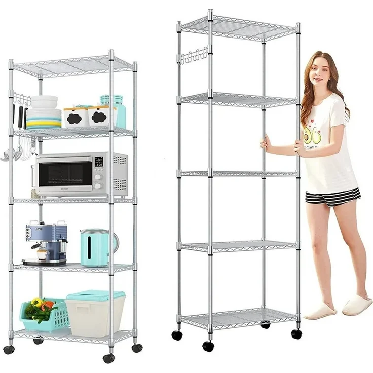 LUCKZON Standregal 5 Etagen Edelstahl Küchenregal mit Rädern und Haken, 59×35×183/76×35×152cm, Belastung über 60 kg, höhenverstellbar – Bild 1
