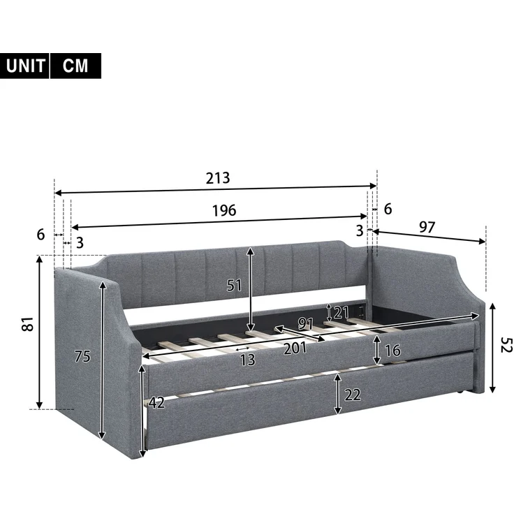 90 x 200(190) DAY-Betten, Gepolstertes Einzeltagesbett mit Rollbett, Grau – Bild 5