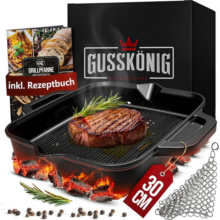 Grill-Feuerpfanne 30 cm aus Gusseisen mit 2 Henkeln – vorgebrannt, hitzebeständig bis 300 °C, für Induktion & Grill inkl. Ringreiniger