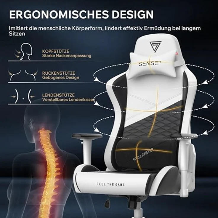 SENSE7 Gaming Stuhl Spellcaster Senshi Edition XL, ergonomischer Gaming Sessel, verstellbaren Lendenkissen Einstellbarer Neigungswinkel, Wippfunktion, PU-Leder Gaming Chair, 150kg, PC Stuhl Weiß – Bild 6
