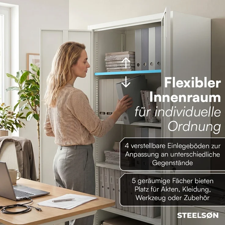 STEELSØN 'Regulus' Aktenschrank, Metall, weiß, 175x40x80 cm, abschließbar, Metallschrank mit 5 Fächern, geeignet als Werkzeugschrank – Bild 4