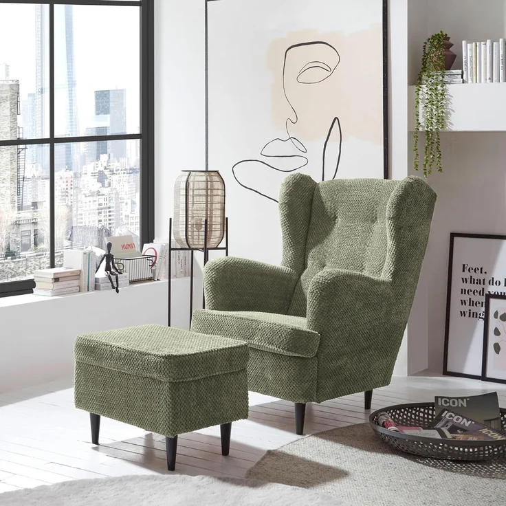 OSKAR Ohrensessel mit geknöpfter Polsterung, Olive - Vintage Wohnzimmer Sessel mit Massivholz Füßen - 78 x 102 x 98 cm (B/H/T) – Bild 4