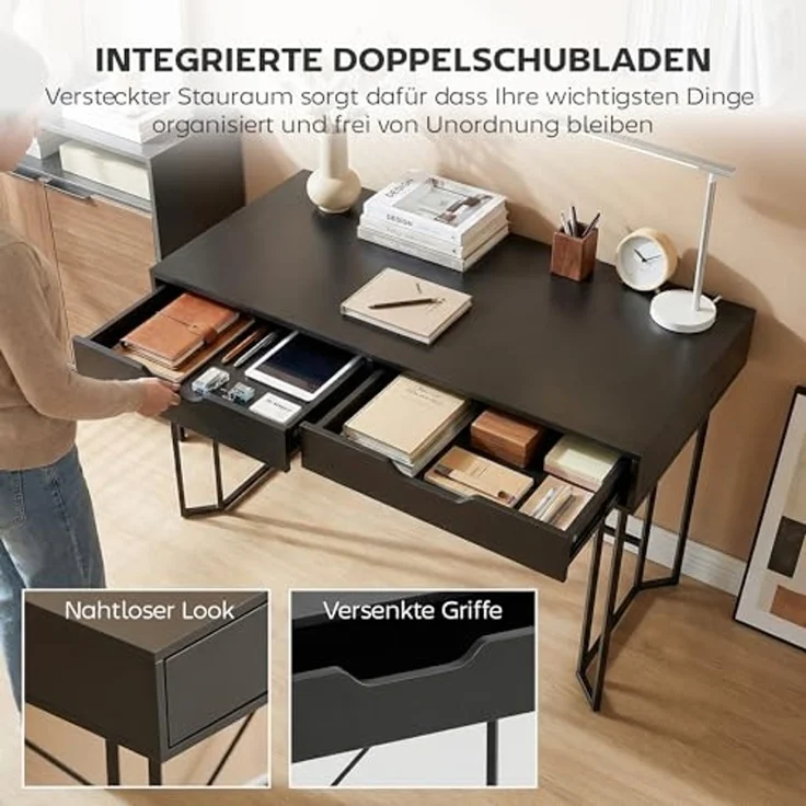 HOMCOM Schreibtisch mit 2 Schubladen (Bürotisch, 1-St, Computertisch), 120 x 60 x 77 cm Schwarz – Bild 5