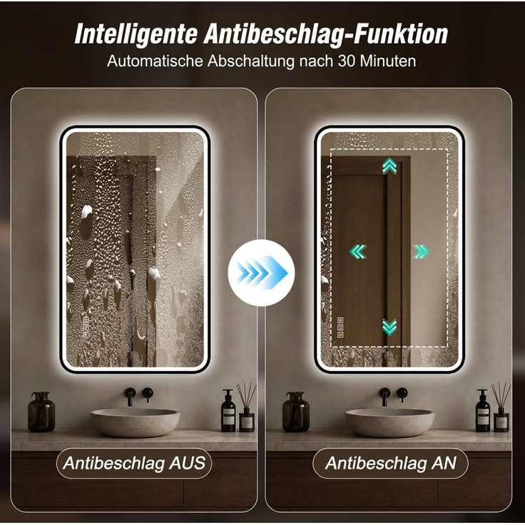 Badezimmerspiegel 100×60×4 cm mit LED-Beleuchtung, Anti-Beschlag-Funktion und schwarzem Aluminiumrahmen – Bild 6