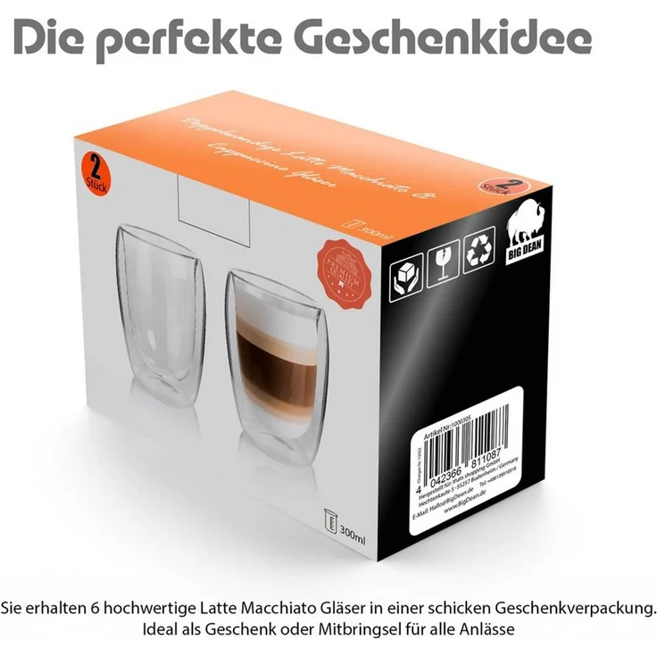 BigDean 6 Stück doppelwandige Latte Macchiato Gläser 300 ml – Kaffeegläser in Geschenkverpackung