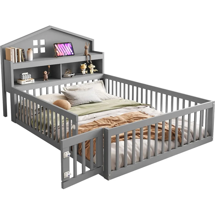 Kinderbett Hausform 140x200 cm mit Kreidetafel, Regalen & Tür,Massivholz Bodenbett,Grau – Bild 5