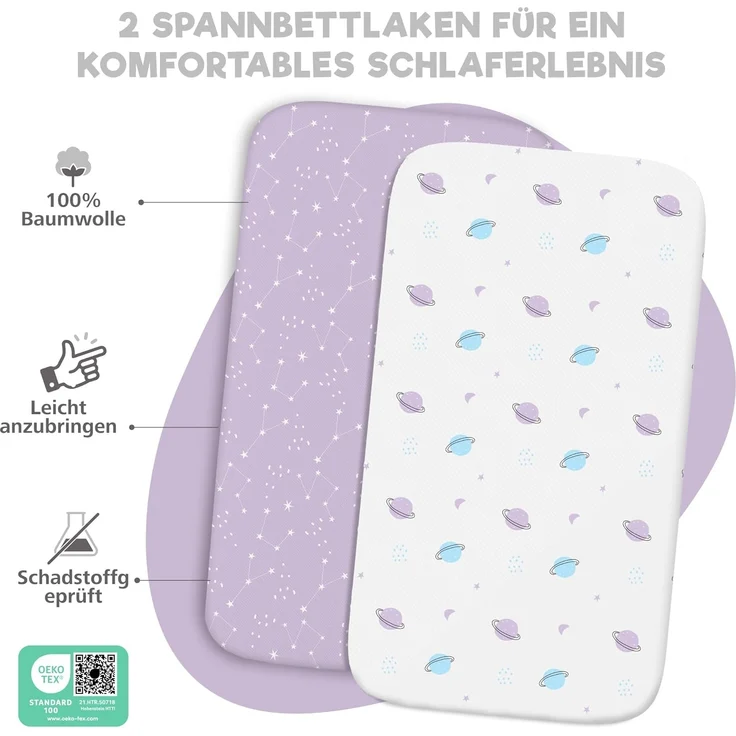 2X Spannbettlaken aus 100% Baumwolle mit Gummiband - 1X Matratzenschoner aus 100% wasserdichtem Material - 3er-Set - 50x83 cm - Weltraum – Bild 3