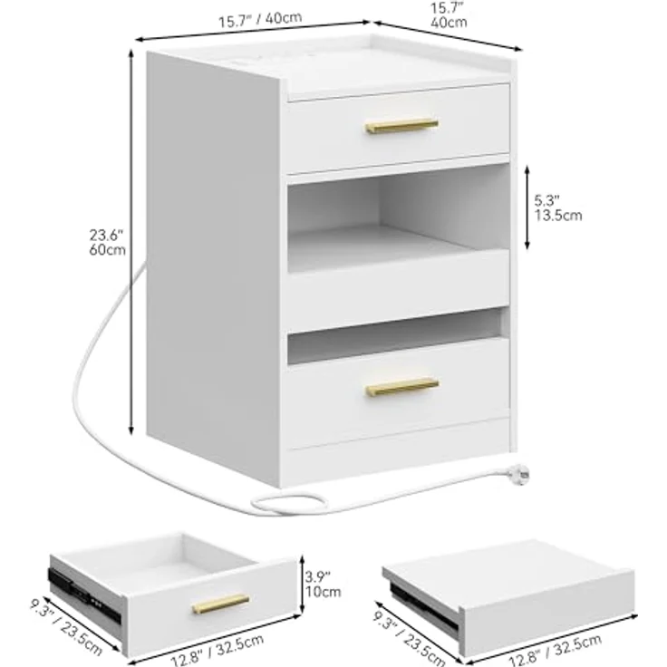 YITAHOME Nachttisch, Beistelltisch mit LED-Lichtern und Ladestation, Nachttischschrank Nachttisch mit Aufbewahrungsschubladen für Wohnzimmer Schlafzimmer, 40 x 40 x 60 cm, Weiß – Bild 3