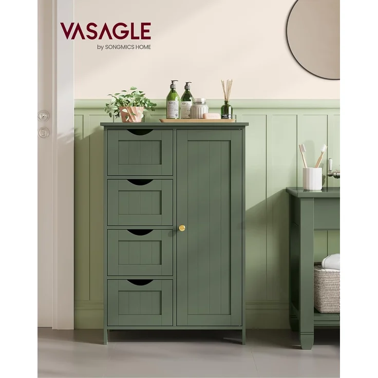 VASAGLE Badezimmerschrank, schmaler Badschrank, Beistellschrank, Kommode, mit 4 Schubladen, Schranktür, verstellbare Ablage, 30 x 55 x 82 cm, waldgrün LHC041C01 – Bild 2