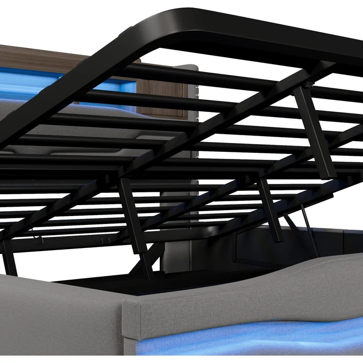 Polsterbett mit LED-Beleuchtung und Stauraum, 180x200 cm, USB/Type-C Anschlüsse, gepolsterter Kopfteil, Doppelbett, Stauraumbett, Leinen – Bild 9