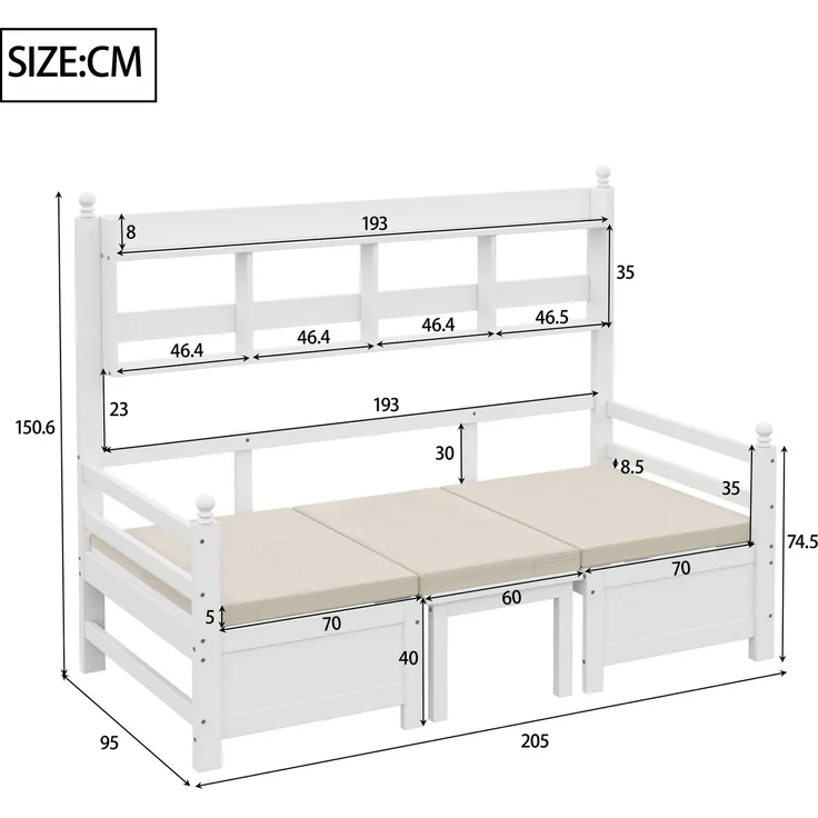 Merax Daybett Multifunktionales Massivholz Schlafsofa 200x90 cm, 2-in-1 Bett und Schreibtisch, Frei Umbaubar, Mit Bücherregal Zur Aufbewahrung, Mit Bequemen Kissen, Gästebett Einzelholzbett, Weiß – Bild 4
