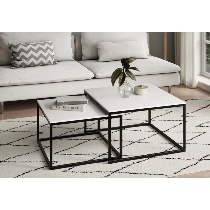 Home Collective Couchtisch 2er Set Beistelltisch Wohnzimmertisch modern rund und quadratisch (ideal als Büro Ablagetisch oder als Wohnzimmer Deko, Kleiner quadratischer Tisch Set 2 in 1), hochwertiges Design mit Metallgestell, stabile Tischplatte, weiß – Bild 1