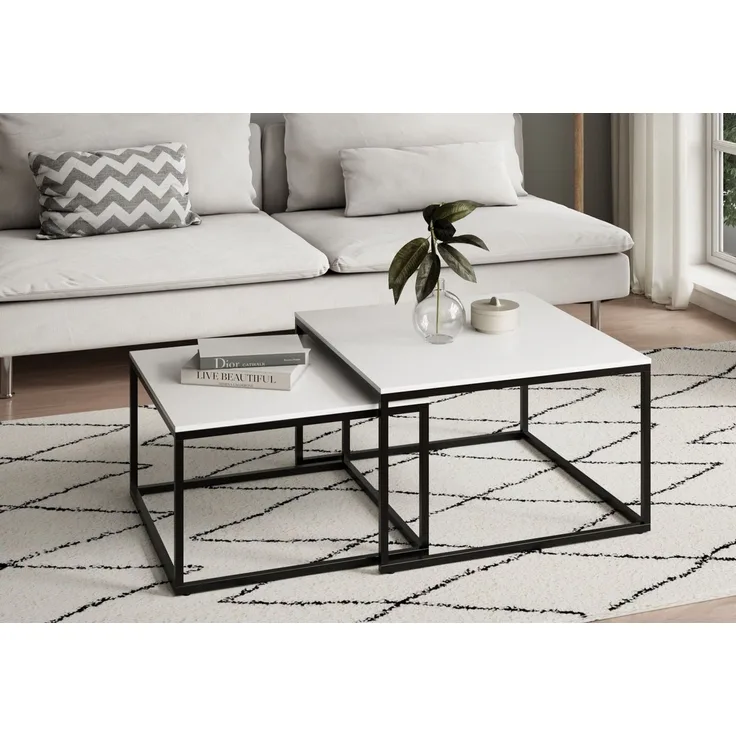 Home Collective Couchtisch 2er Set Beistelltisch Wohnzimmertisch modern rund und quadratisch (ideal als Büro Ablagetisch oder als Wohnzimmer Deko, Kleiner quadratischer Tisch Set 2 in 1), hochwertiges Design mit Metallgestell, stabile Tischplatte, weiß