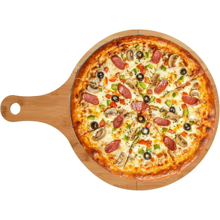 hausleben Pizzaschneidebrett Pizzateller Pizzabrett aus Bambus Doppelpack, (2-St), pizzaservierbrett schneiderbrett mit Griff