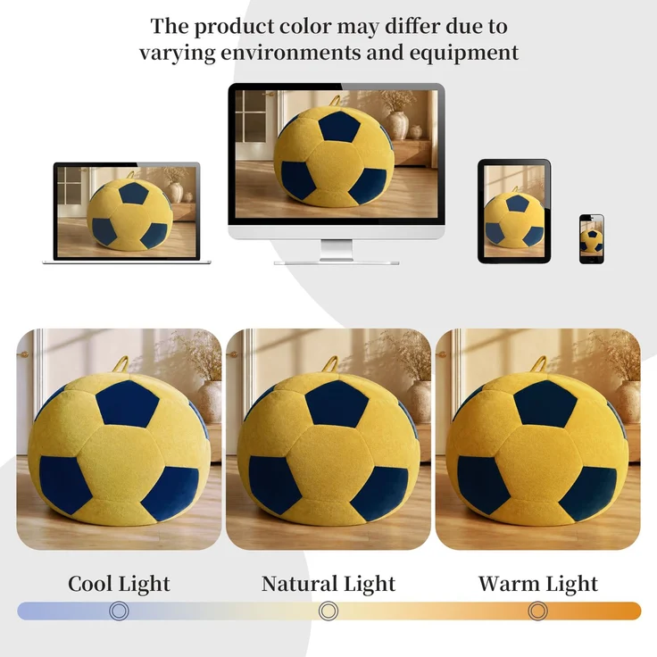 Großer, fußballförmiger Sitzsack, mehrfarbige Ziernähte, bequemes Sofa zum Entspannen im Schlafzimmer, Wohnzimmer oder in der Leseecke, ideal für Erwachsene und Jugendliche – Blau + Gelb – 52 x 43,5 x 31,5 cm – YOUDENOVA – Bild 9