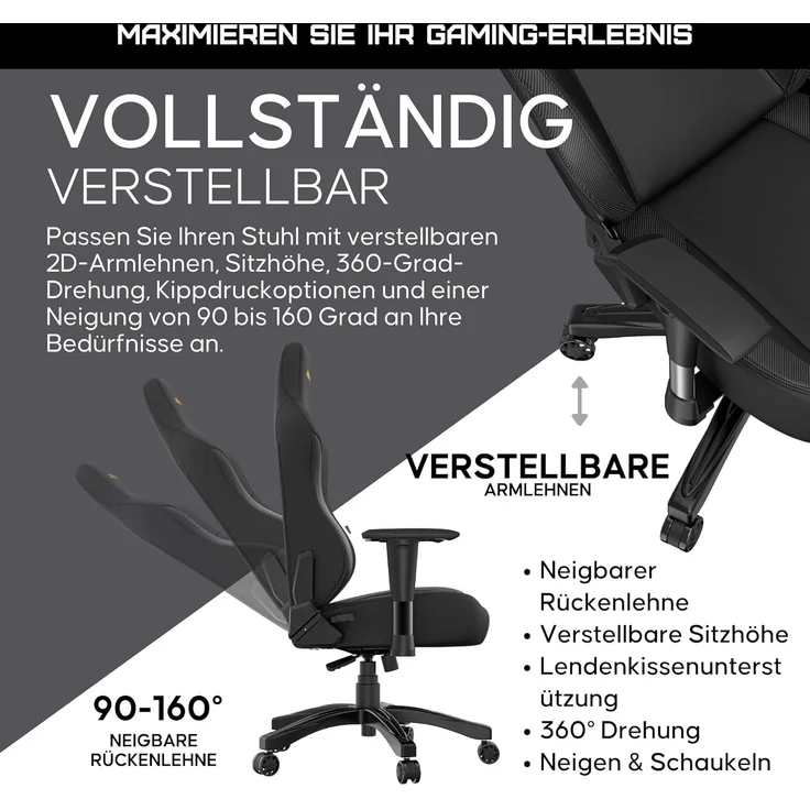 Anda Seat Phantom 3 Gaming Stuhl für Erwachsene – Ergonomisch PC Stuhl mit verstellbaren 2D Armlehnen, PVC-Leder, Kopfstütze & Lendenkissen, Bequemer Design, Belastbarkeit bis 90 kg, Schwarz – Bild 6