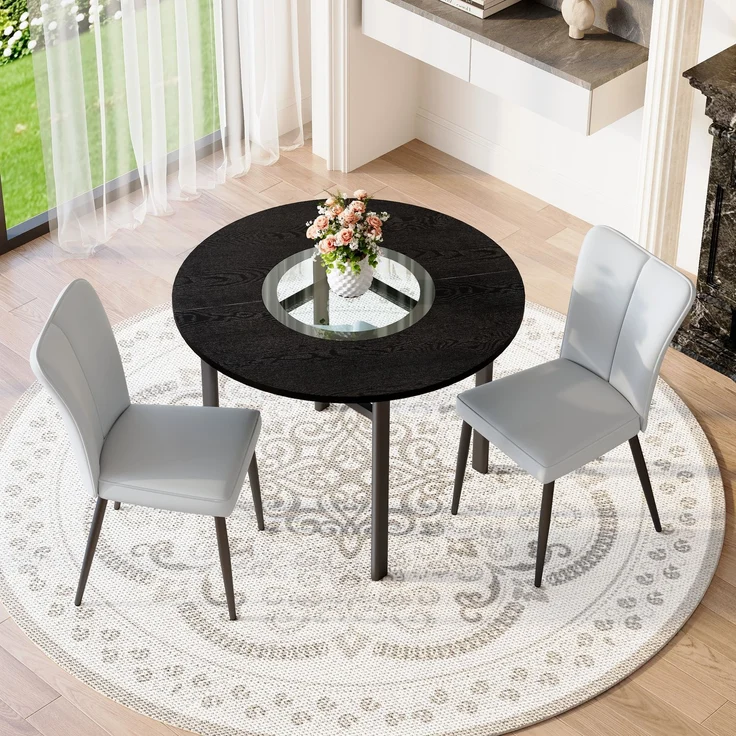 Esstisch-Set 76x100x100 cm in Schwarz mit Glasintarsie und 2 Essstühlen in Hellgrau – Bild 2