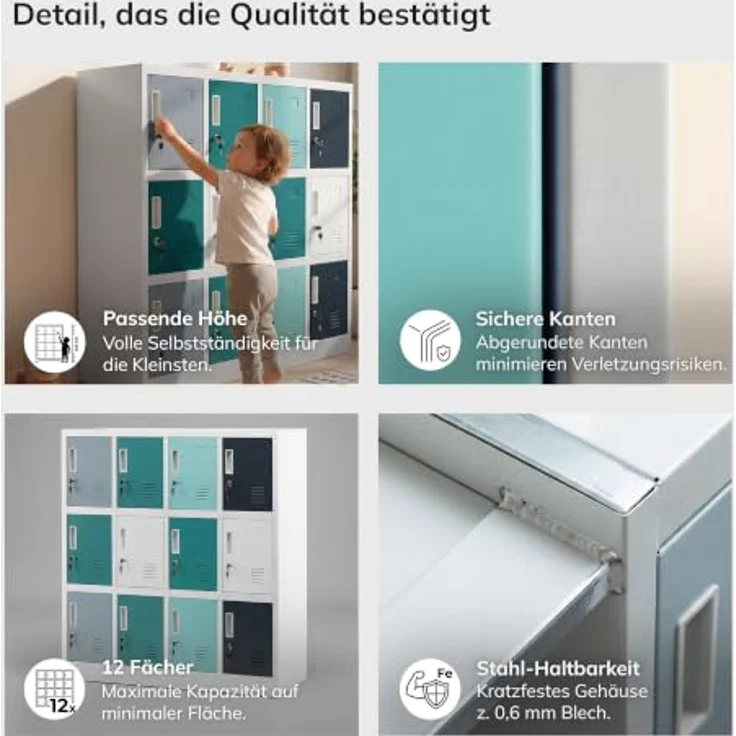 Jan Nowak Metallschrank Schule Kindergarten mit 12 abschließbaren Fächern, Schließfachschrank Stahl, Garderobenschrank Kinder, Kita Spind Hort, 120 x 109 x 45 cm – Bild 10