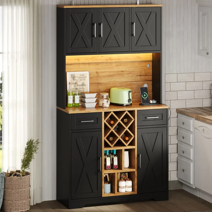 Küchenschrank, hoher Stauraumschrank mit LED-Beleuchtung, Vorratsschrank mit Weinregalen, Weinschrank & Vitrinenschrank für Wohnzimmer und Esszimmer, 180 × 105 × 40 cm--Natur2 + Schwarz--105x40x180cm--YOUDENOVA – Bild 5