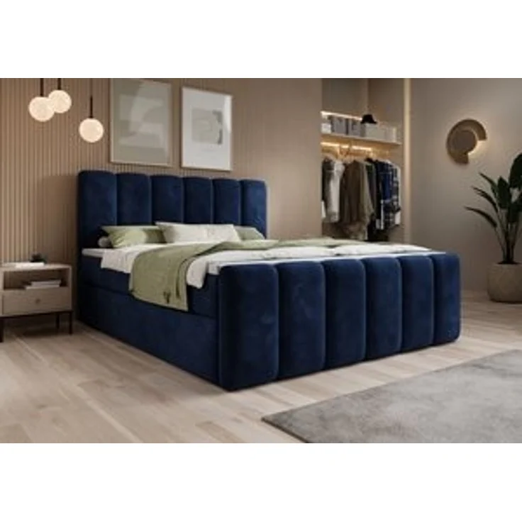 thematys Boxbett mit Bettkasten 180x200cm, mit Bonnellfederkernmatratze H3, Bouclé/Velours, mit Stauraum, mit 3 cm Topper, Blau (Velluto 11) – Bild 7