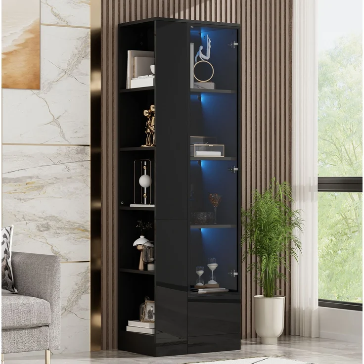 DESVIAE Regal mit Glastür Schwarz aus Spanplatte/Glas – 50x160x35 cm – LED-Beleuchtung, Schublade – Bild 4