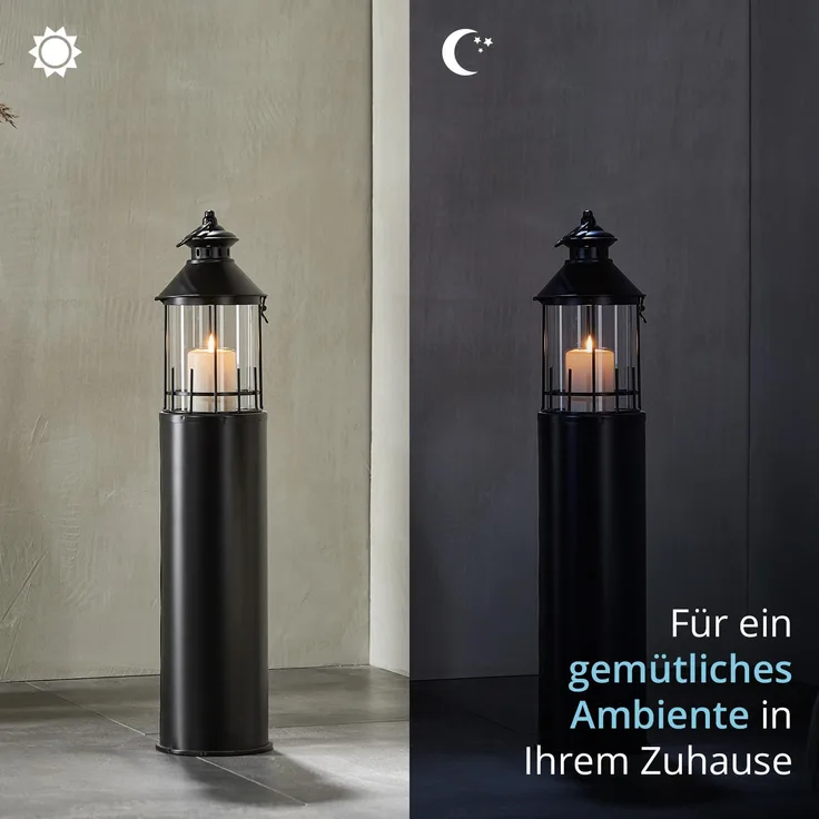 KHG Laterne Leuchtturm 72 cm aus Metall/Glas in schwarz, Kerzenständer, Kerzenhalter, Outdoor und Indoor, Deko, Glaseinsatz, für Wohnzimmer, Balkon, Terrasse, Garten usw.