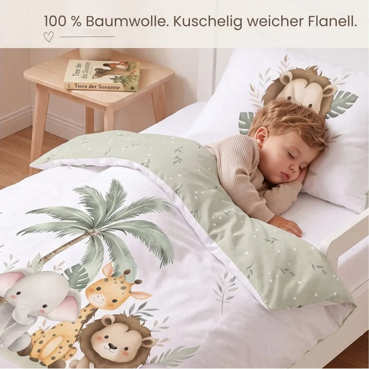 MTOnlinehandel Babybettwäsche Safari 100x135 cm Flanell, Löwe, Elefant & Freunde, 100% Baumwolle, 2 teilig, Kuschelige Kinderbettwäsche mit Safari-Tieren – Bild 3