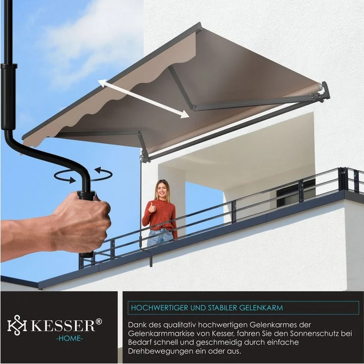 KESSER® Gelenkarmmarkise manuelle Markise Gelenkmarkise Terrassenmarkise Klemmmarkise Sonnenmarkise inkl. Wandhalterung Sonnenschutz Balkonmarkise wasserabweisender Alu/Polyester 300 x 250 cm, Taupe – Bild 2