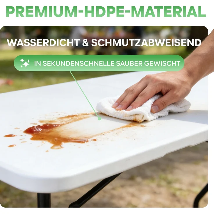 Eiryss Klappbarer Gartentisch 180x74cm, Outdoor Campingtisch für 8 Personen, weiß mit Kunststoffplatte & Metallrahmen, belastbar 150kg, 3 Sicherheitsverschlüsse, Buffetstisch für Garten, Balkon – Bild 6