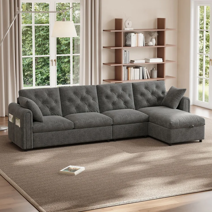 EINHOM Moderns sofa mit Stauraum im Eckbereich , L-förmiger Stauraum im Eckbereich links und rechts verstellbar, Seitliche Armlehnen mit Magazintaschen, Rückenlehne mit Knopfheftung. Grau. (281 x 86 x 71 cm) – Bild 5