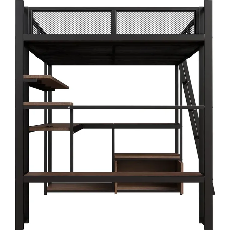 Hochbett mit Eckschreibtisch, LED-Streifen, PC-Ständer, Steckdose, USB, Rausfallschutz, Regal, Schrank, 140x200cm, Kinderbett, Jugendbett, Metallbett – Bild 8