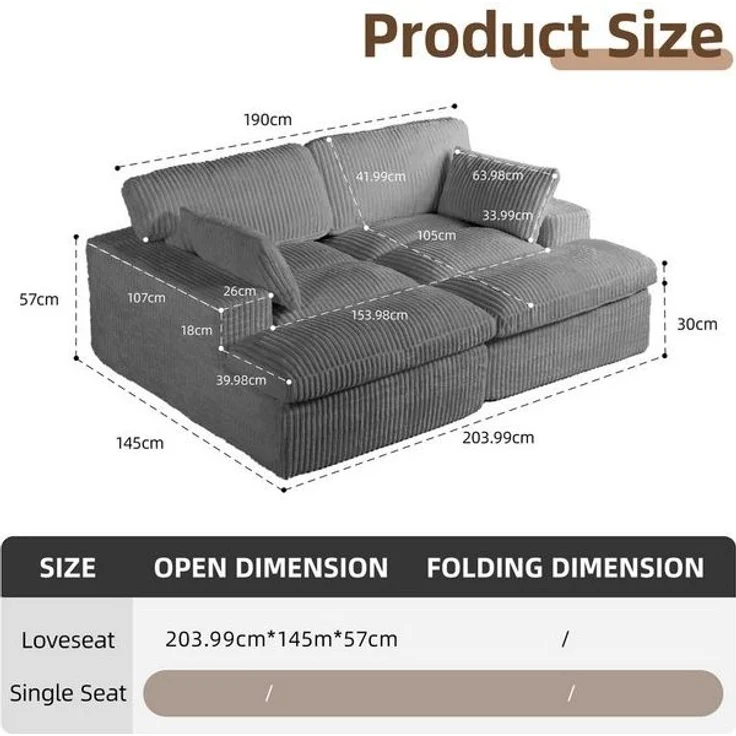 Leawin Sofa Cordsofa 2-Sitzer mit Bettfunktion, modernes Schlafsofa für Wohnzimmer, Weicher Cordbezug, flexible Kombination & ideal für kleine Räume – Bild 4
