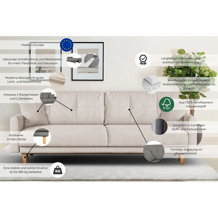 Home affaire 3-Sitzer TRIPLO optionale Schlafsofa mit Bettkasten, Maße B/T/H: 215/100/89 cm, Wahlweise Bettfunktion - Liegefläche 145x191 cm, Rücken-, Zierkissen – Bild 2