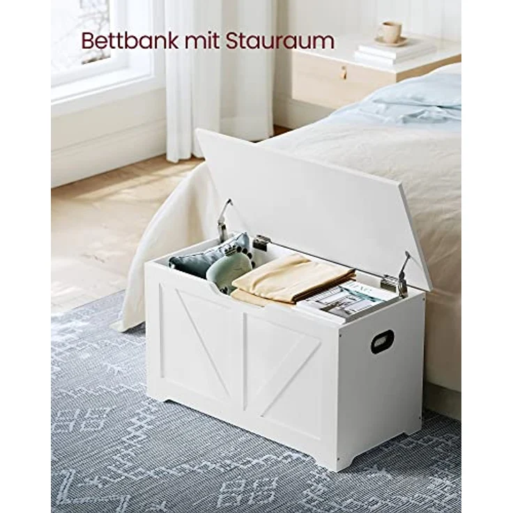 VASAGLE Schuhbank, Sitzbank mit Stauraum, Sitztruhe, 2 Sicherheitsscharniere, Aufbewahrungsschrank, Landhausstil, 40 x 80 x 46 cm, für Flur, Schlafzimmer, Wohnzimmer, wolkenweiß LSB062T14 – Bild 5