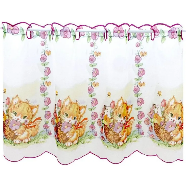 heimtexland Scheibengardine Kinderzimmer Deko Gardine Baby Katzen Fensterdeko (1 St), Durchzuglöcher, halbtransparent, Voile, transparent, HxB 45x85 cm, Stickerei Kante pink rosa