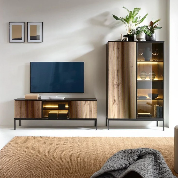 Lomadox Wohnzimmer-Set SIBARI-160, (Mega-Spar-Set, 2-St, 2-tlg), Sideboard, TV-Lowboard, schwarz, Wotan Eiche Nb, grifflos – Bild 5