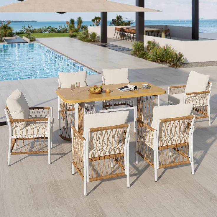 Gartenmöbel-Set mit 6 Stühlen, Tisch in Holzoptik, 159,5x77,5x75 cm, Beige/Braun/Natur – Bild 3