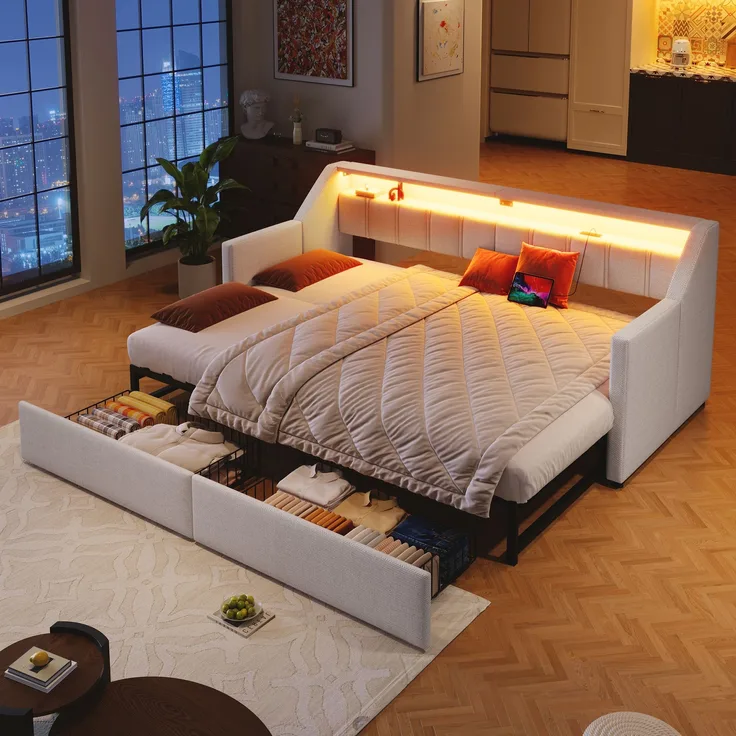 Daybett Tagesbett Schlafsofa Mit USB und Type-C LED-Leiste mit Fernbedienung Mit 2 Schubladen Stauraumtaschen Multifunktionales Ausziehbett Ohne Matratze Beige 90 x 200 cm