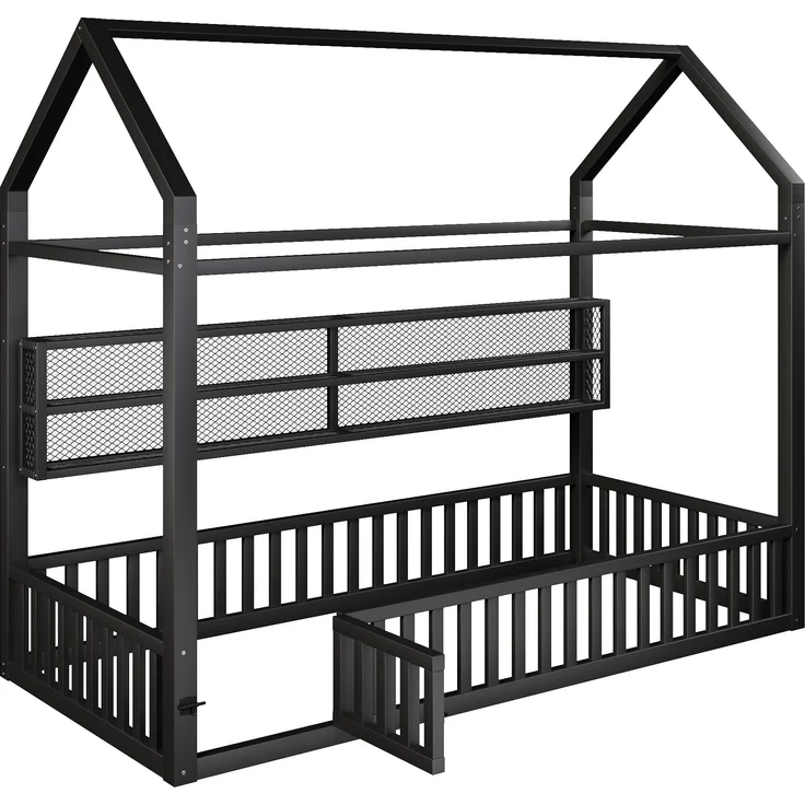 Hausbett mit LED-Beleuchtung, Tür und Regal, 90x200cm, Kinderbett ohne Lattenrost, Einzelbett, Metallbett – Bild 8