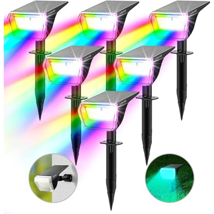 Linkind Bunt Solarlampen für Außen, RGB & Weiß Solar Strahler Garten mit 10 Modi, Solar Außenleuchte 2 in 1 Montage, IP67 Außen Gartenstrahler für Party, Bäume, Vorgarten, Hof, 6 Stück – Bild 2