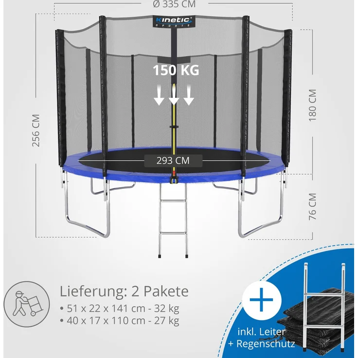 KINETIC SPORTS Trampolin Outdoor 'Salto Plus' - Komplett-Set für Kinder, USA Sprungtuch, Netz, Randpolster, Leiter, Blau-4, Ø 335 cm – Bild 7
