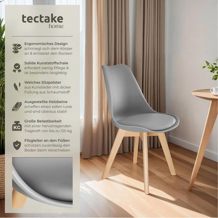 tectake Esszimmerstuhl Küchenstuhl Scandi-Design, gepolsterte Sitzfläche, 49 x 53 x 82 cm (Polsterstuhl Frederikke in grau, 6 St), ergonomische Form, massive Holzbeine, bodenschonende Filzgleiter – Bild 2