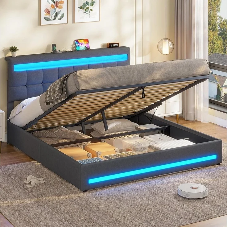 MSMASK Polsterbett Jugendbett mit LED Beleuchtung und Ladestation, Hydraulisches Bett (Ohne Matratze), mit Höhenverstellbares Kopfteil und Stauraum – Bild 5
