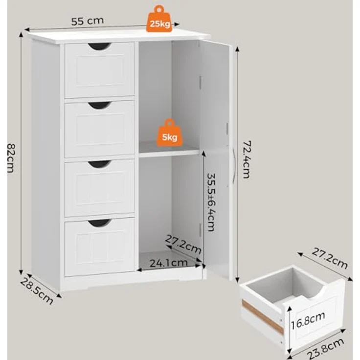 Sweetcrispy Badezimmerschrank 24 Inches Hoch Modern, mit 4 Schubladen & 1 Tür, Hochglanz Weiß mit Einboden & Großem Stauraum, Schmale Badkommode, Badezimmer Kommode – Bild 4