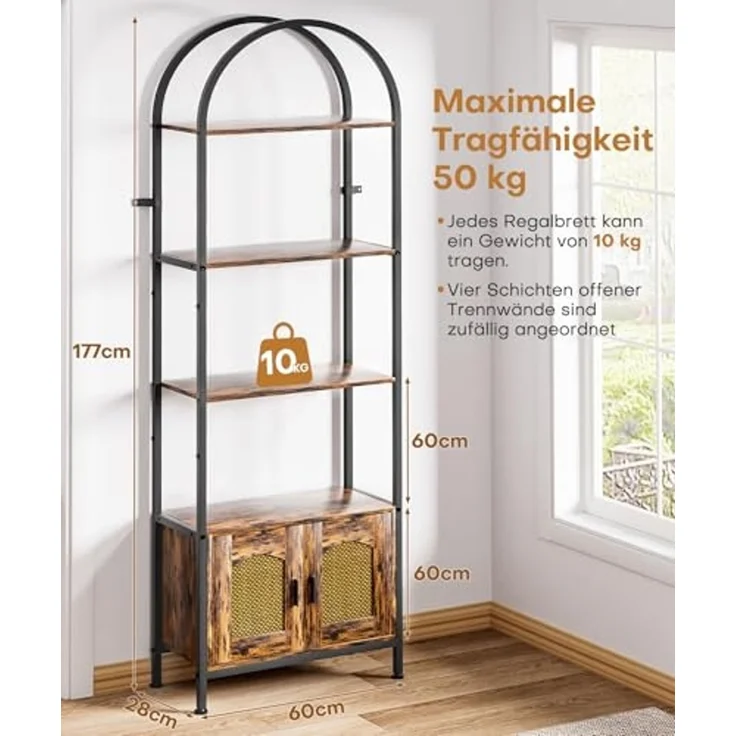 Yorbay Bücherregal 5 Ebenen, Standregal mit Schrank, Bogenförmiges Aufbewahrungsregal, 60x28x177cm, für Wohnzimmer, Schlafzimmer, Arbeitszimmer & Bad – Bild 3