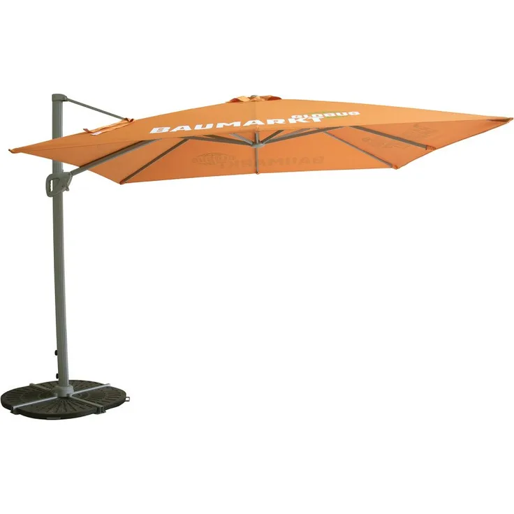 Primaster Sonnenschirm Globus Baumarkt, 296 x 296 cm, UV-Schutz bis +60, grau/silber/orange, witterungsbeständig, mit Kurbelaufsparing