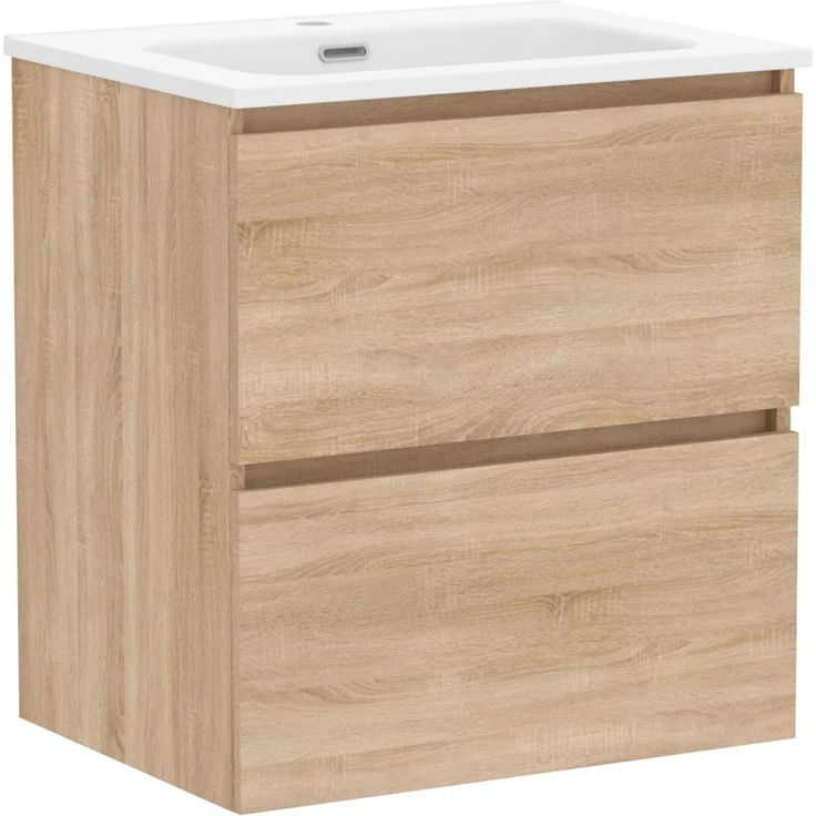 Baikal Badmöbel Klay, montiert, 2 Schubladen mit Waschbecken, Badezimmerschrank, Keramikwaschbecken, 60 cm, Bardolino
